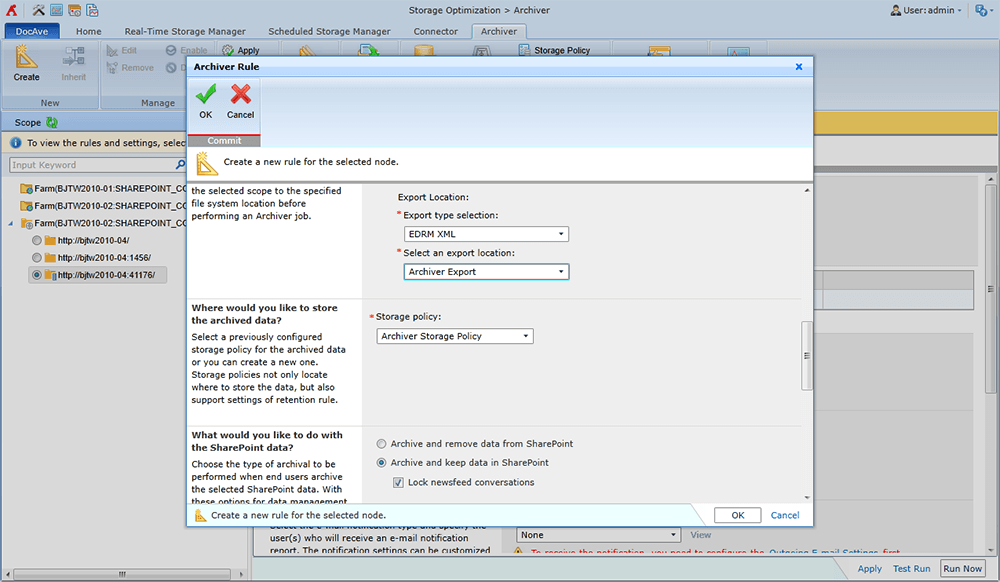 Screenshot showing the ability to export EDRM XML files with DocAve Archiver in DocAve 6 SP 4.