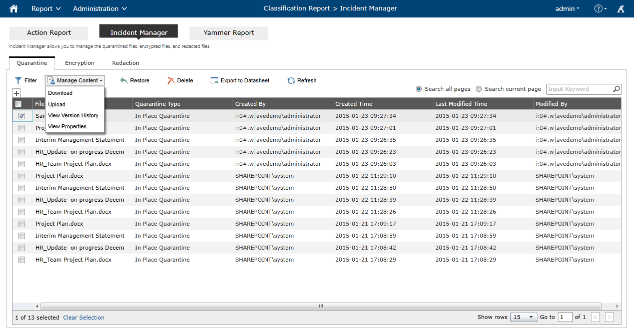 Compliance Guardian's incident response interface, with the ability to take action on sensitive content