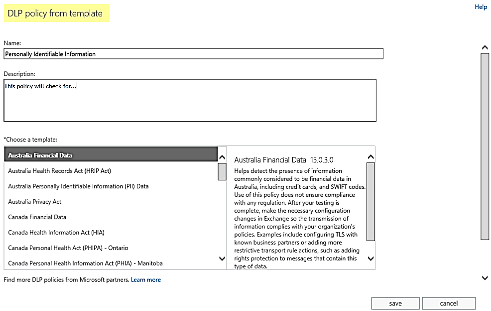 Microsoft’s DLP policy interface.
