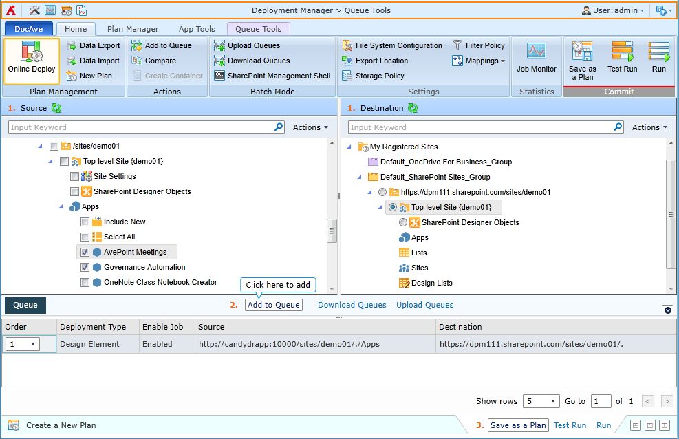 Deployment of a SharePoint app between SharePoint 2013 on premises and SharePoint Online with DocAve Deployment Manager.