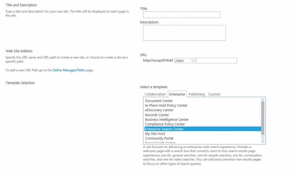 Selecting the Enterprise Search Service template in SharePoint 2016.