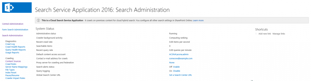 Creating the Cloud Search Service Application in SharePoint 2016.