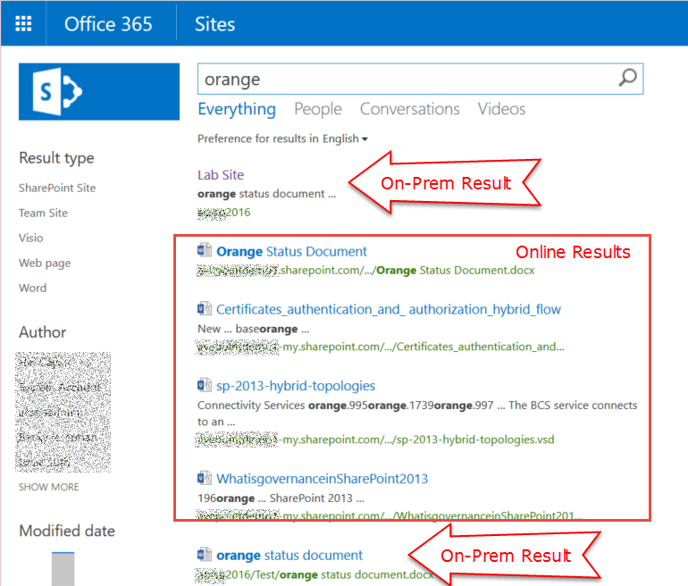 Hybrid search in SharePoint 2016 shows on-premises and cloud content on one page.