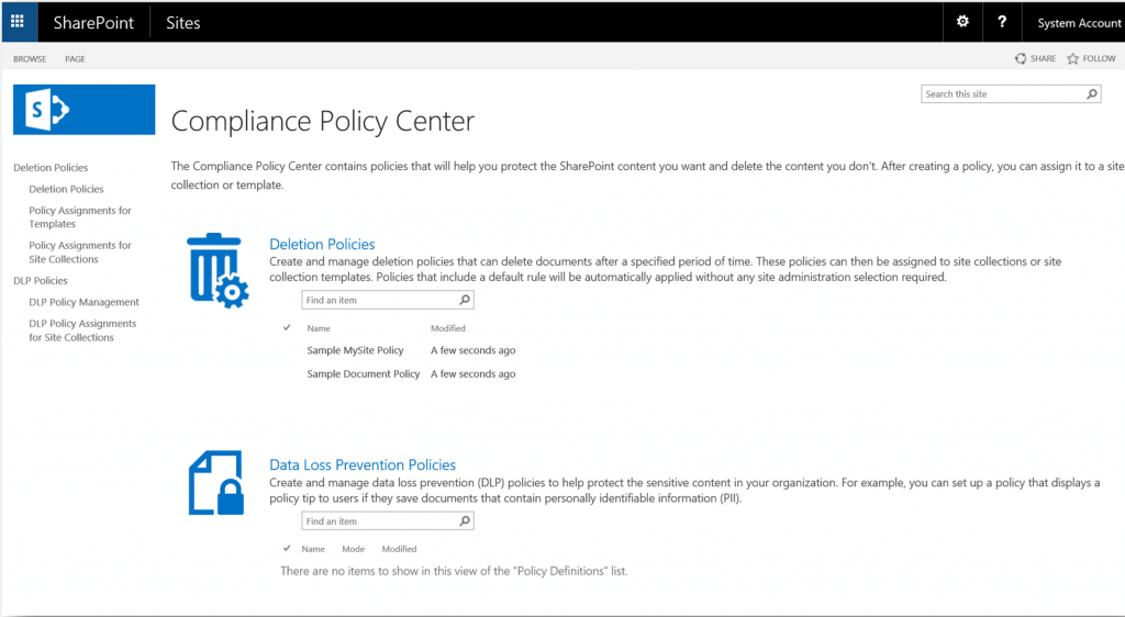 Create and view deletion and DLP policies in SharePoint 2016