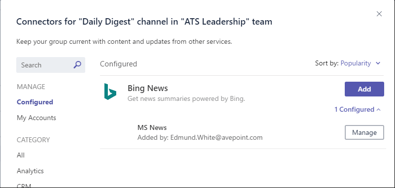 How to use Microsoft Teams: I made channels for continual learning called “Daily Digest”, which is one of our company’s values. I used a Bing search connector that provides us daily news on business relevant topics. We also discuss these articles in the reply section.