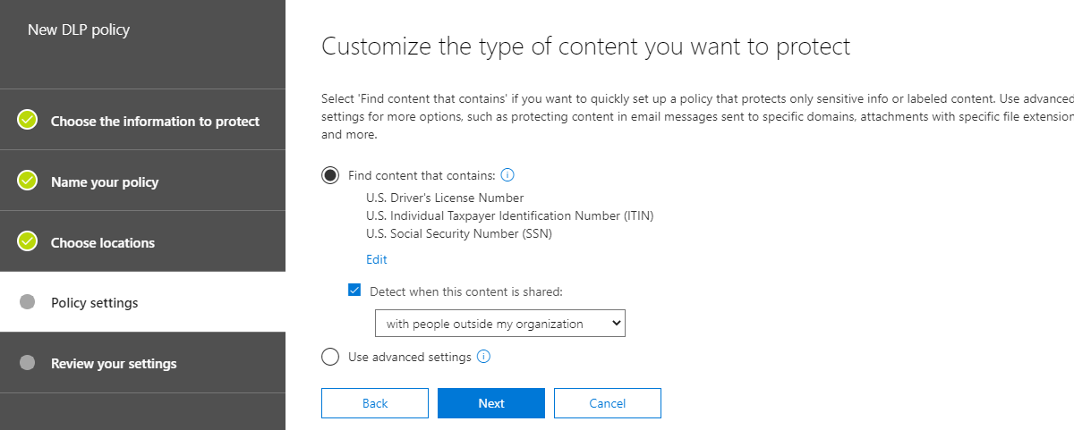 Creating a DLP policy in Office 365